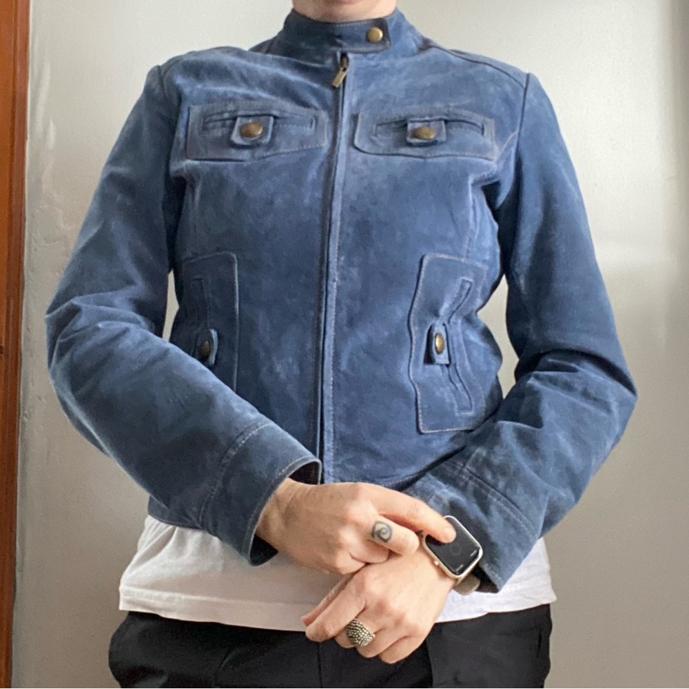 Women’s blue suede motorcycle cut jacket. Size small.